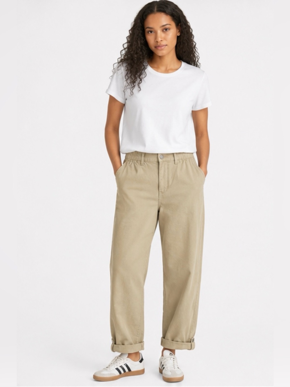 J.ING Beige Roll Tab wide Leg Utility Pants Denim Feel High Rise XL